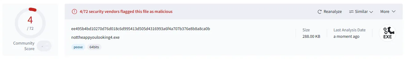VirusTotal detection rate of custom lsass dumper tool when lsass.exe is not present in code of application