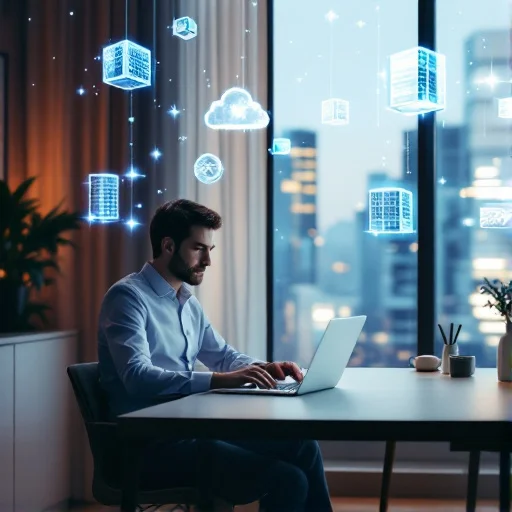 Corporate office worker at home using a laptop connected to cloud services, with abstract visual cues of data flowing from the device to multiple remote servers, emphasizing remote access beyond a traditional office network