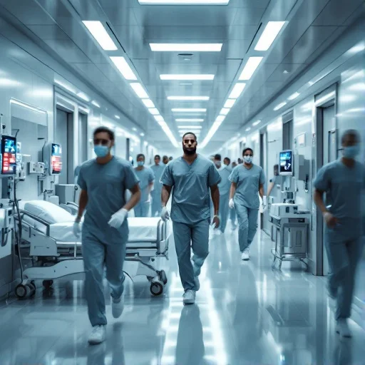 Wide-angle view of a busy hospital corridor with clinicians moving quickly, patient beds being transported, and digital medical devices mounted near doorways, conveying clinical urgency and dependence on technology