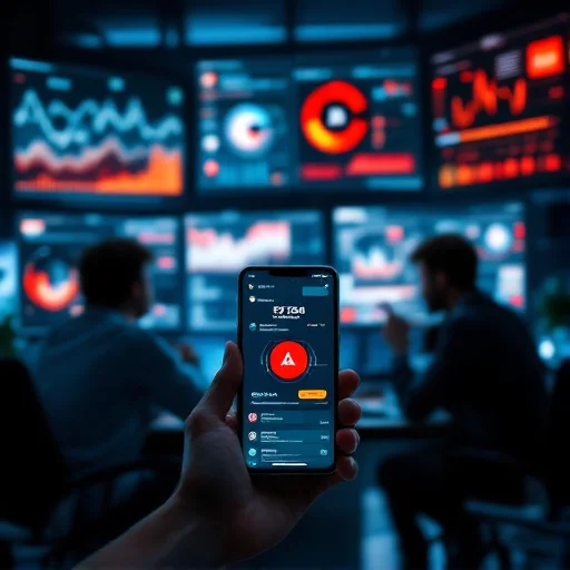 Stressed engineering team in an office setting reviewing multiple large monitors with blurred dashboards while a mobile banking app is open on a phone showing a failed payment state
