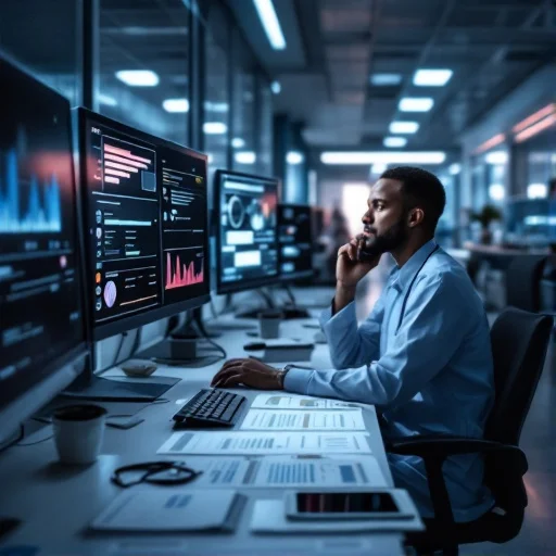 Clinical workstation area inside a hospital showing dark or inactive computer monitors, paper charts spread on a desk, and a clinician on a phone call, suggesting system downtime without readable screen content