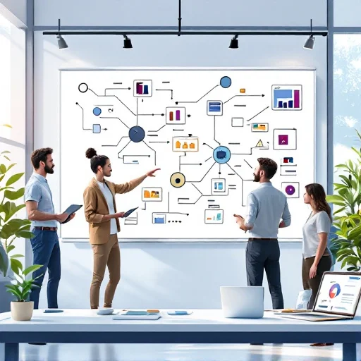 Quality assurance professional collaborating with developers at a whiteboard covered in abstract shapes and arrows representing system components and data flow, without text