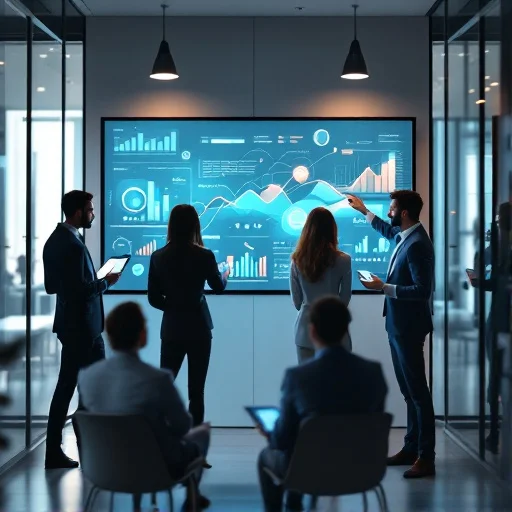 Modern office setting showing HR and analytics professionals collaborating around a large screen displaying blurred charts, trend lines, and abstract data visuals without readable numbers or labels