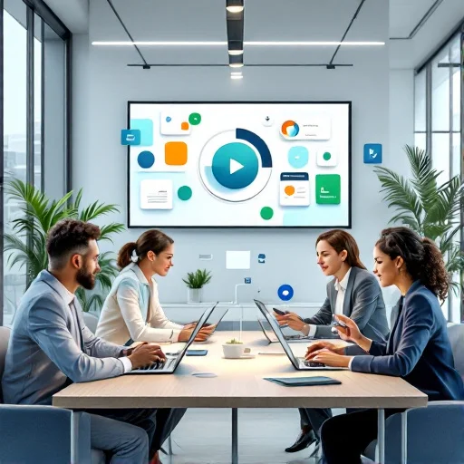 Enterprise learning management system concept shown as people accessing training content on various devices, with abstract interface elements and course tiles visible but without readable text