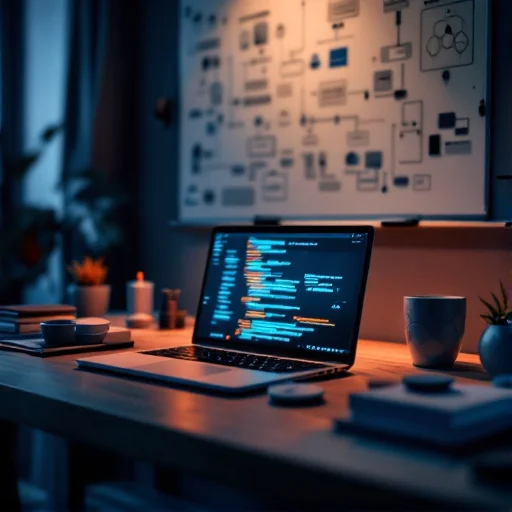 Real-world workspace scene showing a developer’s desk with physical cues of modern practice: a laptop displaying blurred code, a whiteboard covered in indistinct system shapes (no readable text), and tangible objects like a Kubernetes-themed sticker, cloud service tokens, and CI pipeline blocks represented as abstract physical components.