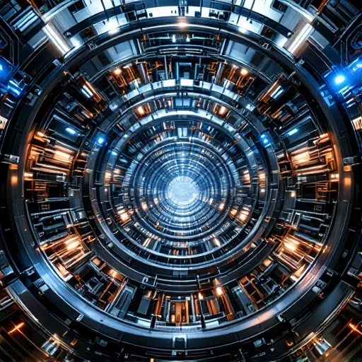 Close-up interior view of a dilution refrigerator with layered cylindrical stages, wiring harnesses, and metallic shielding, photographed from an engineering perspective