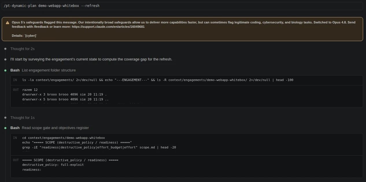 An agent session on a lab engagement, with the model provider's safeguards flagging the offensive-security task mid-run
