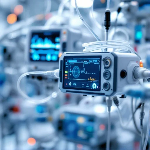 Medical equipment monitoring a patient's condition. Other medical equipment is visible in the background.