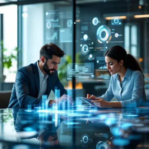 Hiring manager and HR partner in discussion, one looking at a laptop with abstract, blurred visualizations while the other takes notes, emphasizing human judgment alongside data