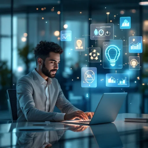 Employee interacting with an AI-powered learning experience, represented by personalized content cards floating around a laptop and subtle AI motifs like neural patterns or light nodes