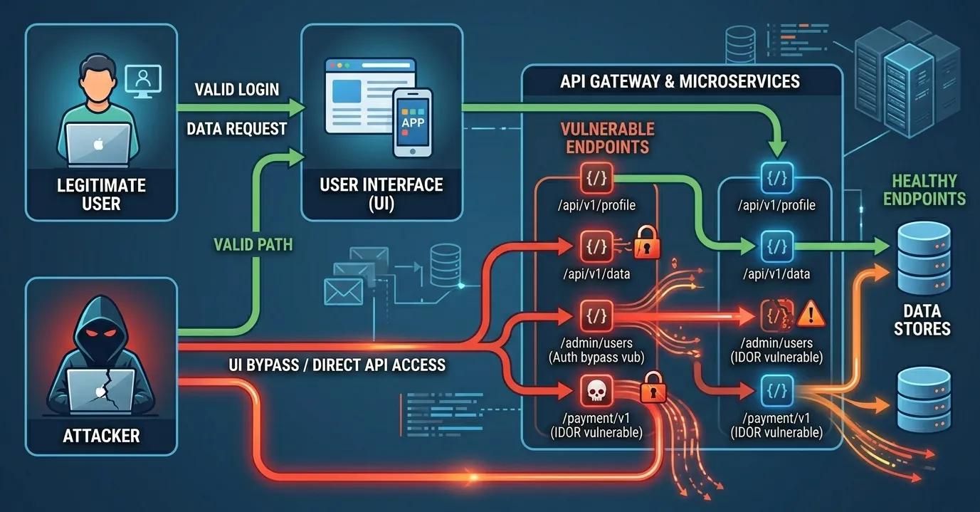 Flow diagram showing attacker bypassing UI and interacting directly with API endpoints