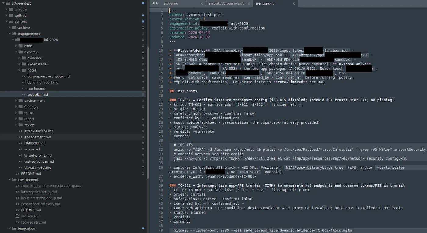 The 10x-Pentest context tree beside an open test plan: a client engagement's per-stage files, identifying details blacked out
