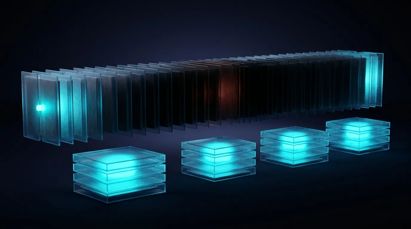 A long row of panels going dark across its middle, beside four short stacks each lit end to end