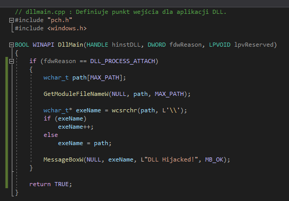 Very simple C++ code of minimal DLL that might be used to confirm that particular binary has DLL Sideloading issue