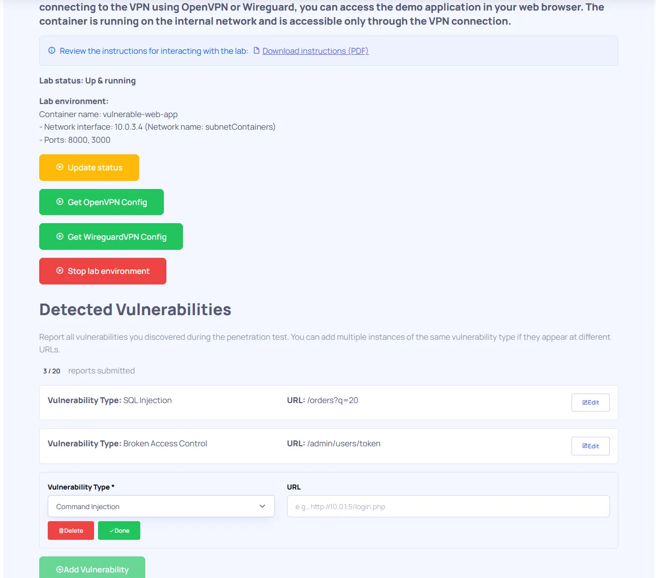 Web App Live Pentest Lab tasks running on MS Azure. At the top lab instructions are present with link to instructions in form of PDF file. Below there is Lab status sections with additional buttons such as Update status, Get OppenVPN Config, Get WireguardVPN Config and Stop lab environment. At the bottom there is section that allows to report vulnerabilities found during assessment.