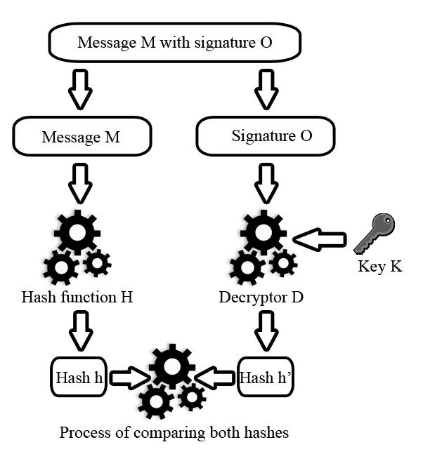 Diagram showing the process of verifying the correctness of a digital signature.