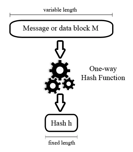 Diagram showing the general functioning of a hash function.