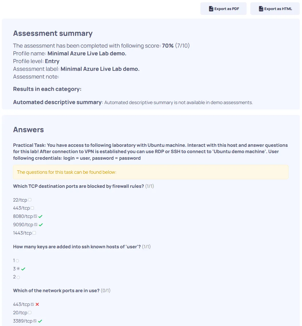 Example of report with Live Lab Task, summary of assessment and list of questions that was part of Live Lab Task