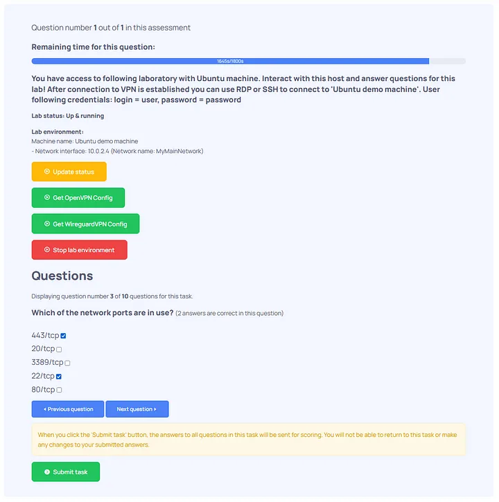 Example of Live Lab Task with questions to answer, list of buttons to control live lab environment and timer