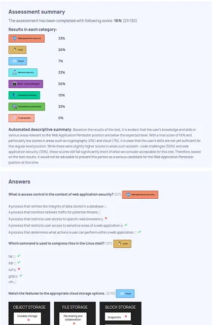 Screenshot showing the third step of the process, in which the platform displays a report of the completed assesssment.